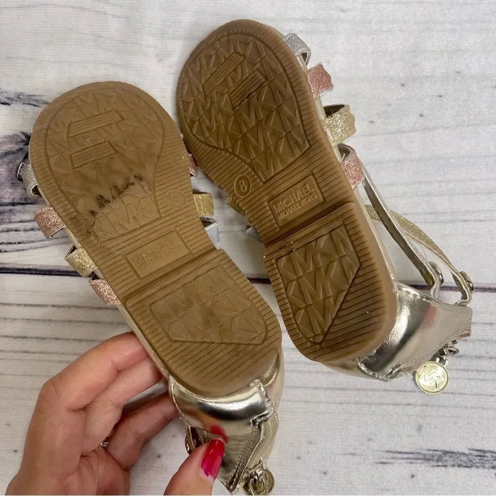 Michael Kors Toddler‎ Size 8 Girls Gold Silver Pink Glitter Strappy Sandals